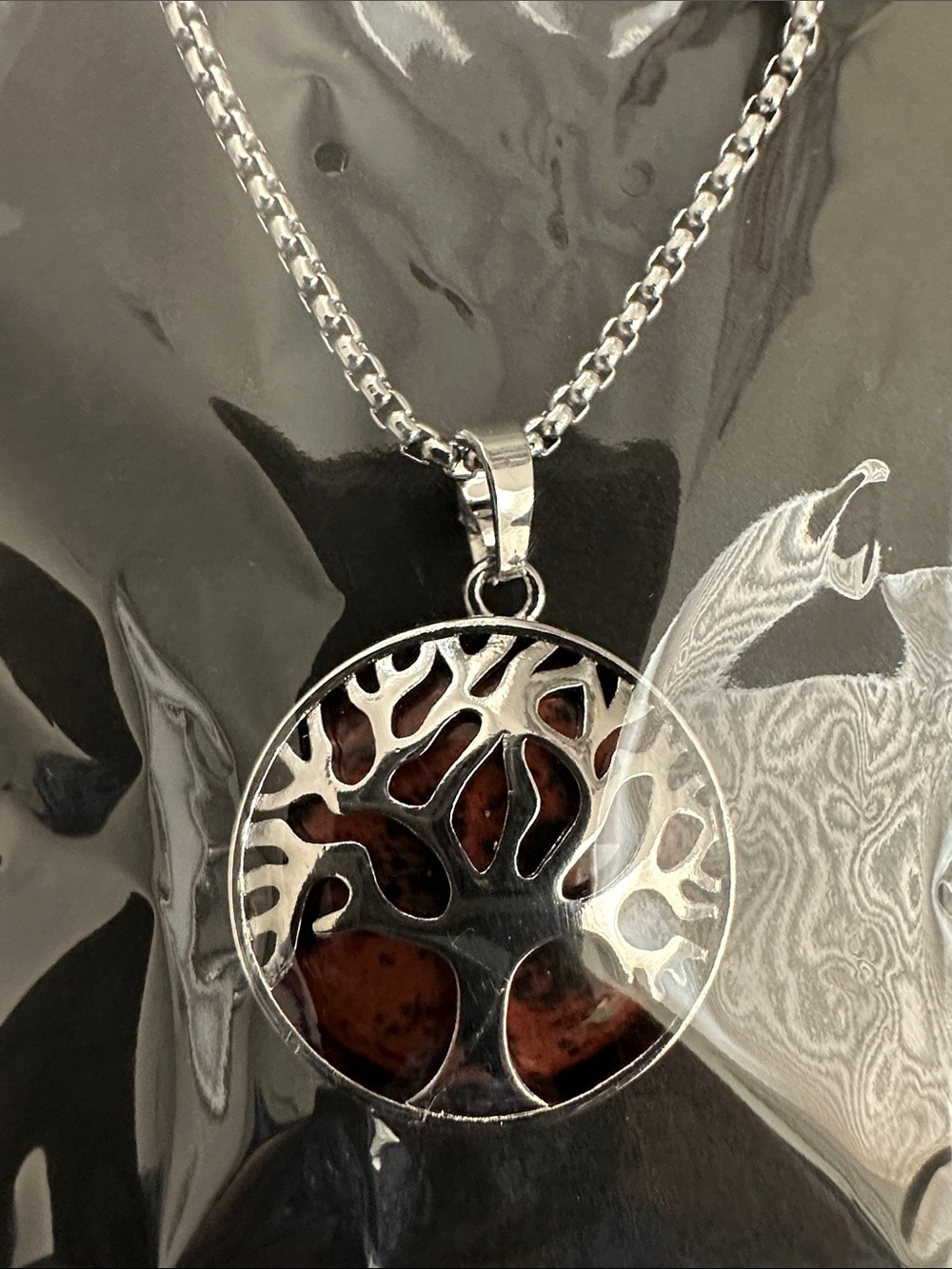 New Silver Tree of Life Pendant Necklace with Burnt Brown Inlay